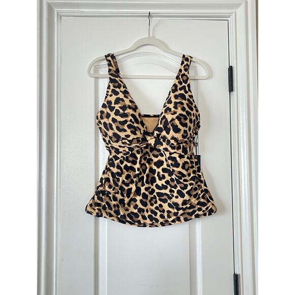 LA BLANCA Rod Beattie Leopard Print Rusched Tankini Swimsuit TOP Size 16 - Picture 1 of 6